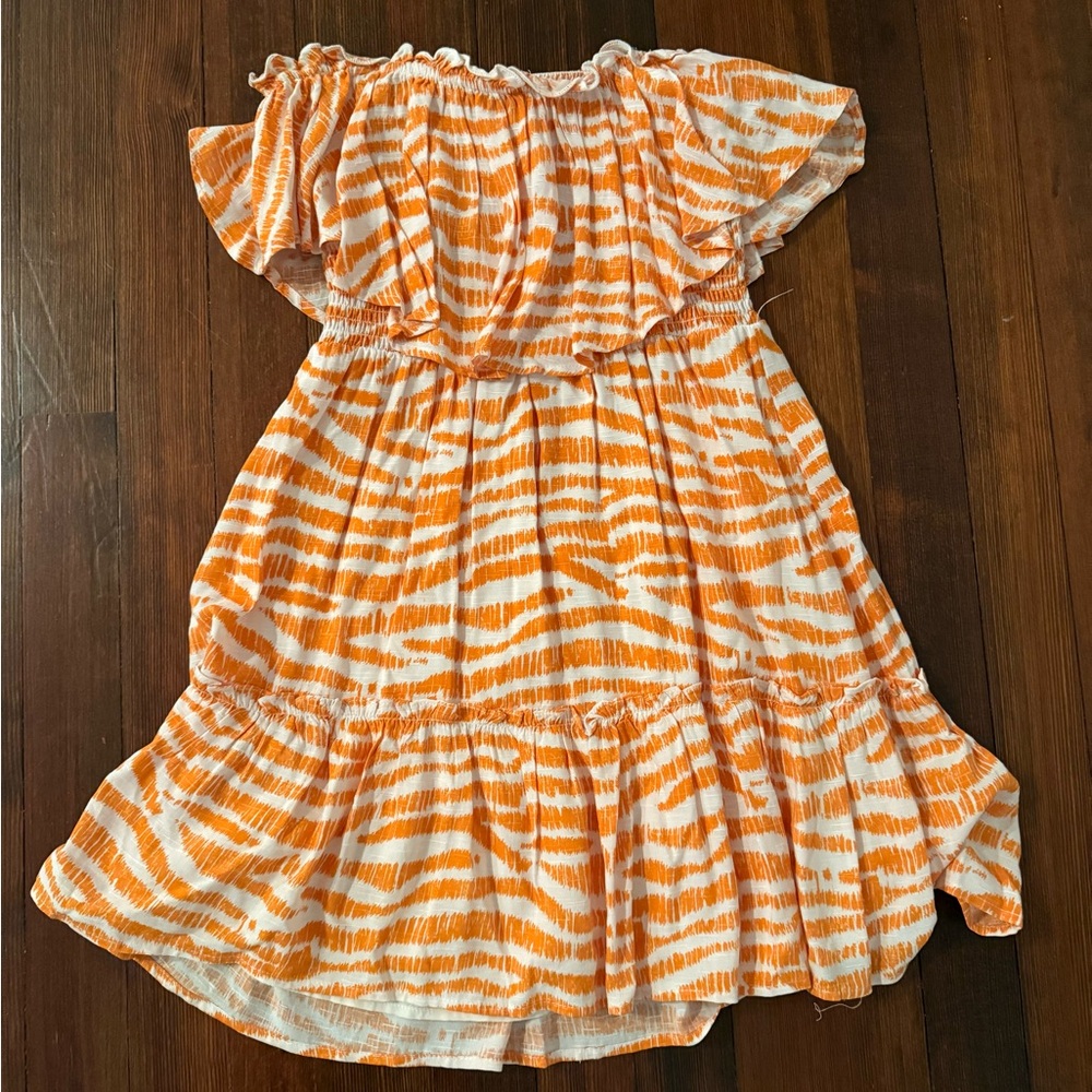 Orange and white strapless dress